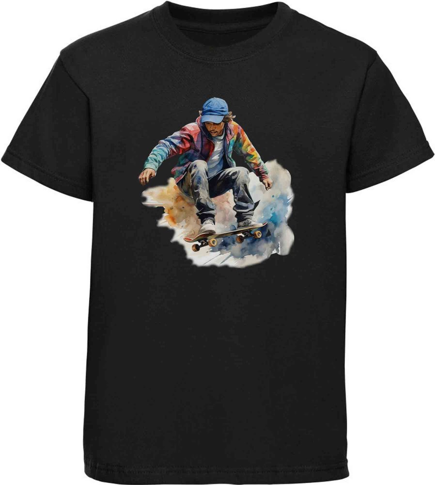 Printed kids T-shirt skateboarder in modern oil paint look